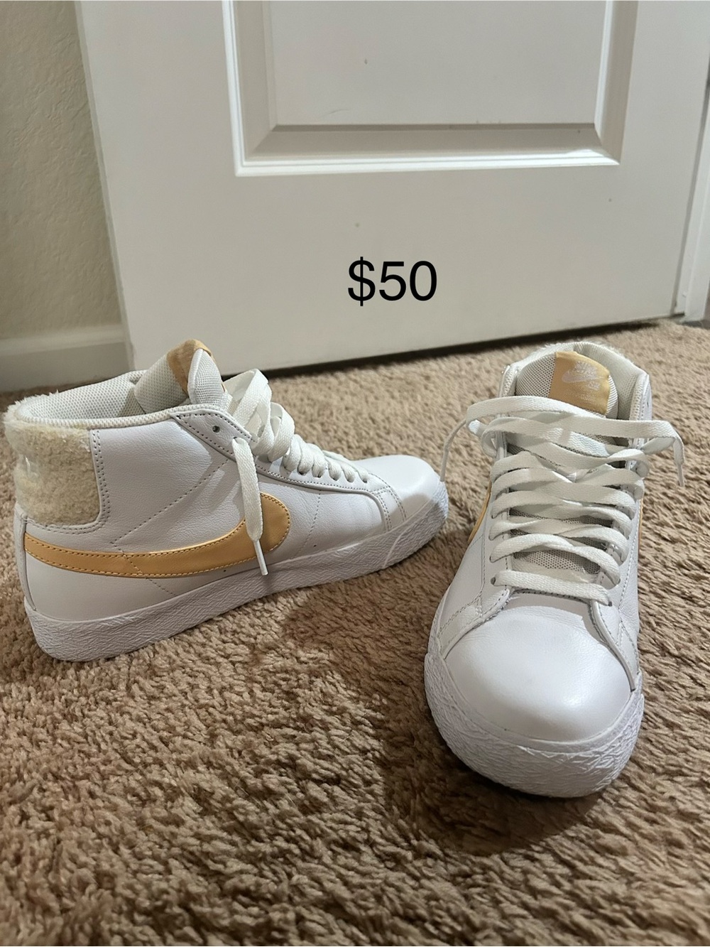 Nike Mid-Top Leather Sneakers in White and Pale Yellow
